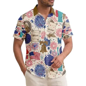 USA 250th Anniversary Patriotic Hawaiian Fabric Design: Washington, Liberty Bell, Eagle, Flag, Fireworks Short-sleeve Hawaiian Shirt