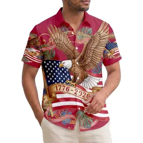 America 250th Anniversary: Soaring Bald Eagle Flag Tropical Gold Scrollwork Crimson Short-sleeve Hawaiian Shirt