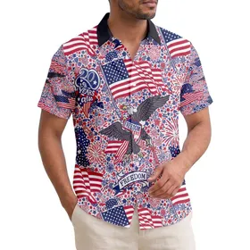 America 250th: Waving Flags, Heraldic Eagles, FREEDOM Text, Edge-to-Edge Starbursts Short-sleeve Hawaiian Shirt