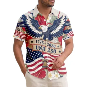 America 250th Birthday Eagle Flag 1776-2026 Hibiscus Plumeria Stars Design Short-sleeve Hawaiian Shirt