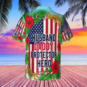Husband Daddy Protector Hero 250th Anniversary Flag Tropical Crimson Navy Design Short-sleeve Hawaiian Shirt