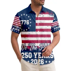 America 250th Anniversary Patriotic Flag Design: Distressed 'We The People' 1776 Stars, Navy Blue Short-sleeve Hawaiian Shirt
