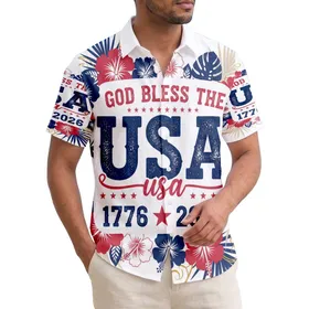 USA 250th Anniversary: God Bless 1776 2026 Patriotic Hawaiian Hibiscus Gold Short-sleeve Hawaiian Shirt
