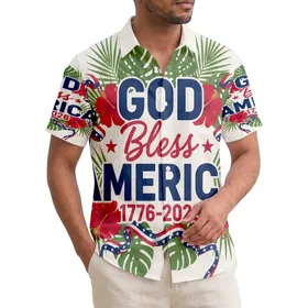 USA 250th: GOD Bless AMERICA 1776-2026 Navy Crimson Hibiscus Palm Design Short-sleeve Hawaiian Shirt