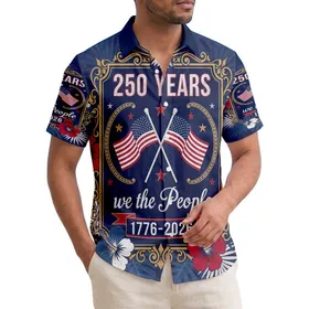 America 250th Anniversary Patriotic Vintage Emblem 'We the People' 1776-2026 Eagle Flags Tropical Short-sleeve Hawaiian Shirt