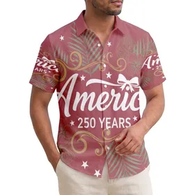 America 250th Anniversary Crimson Red Design: Hawaiian Script, Bow, Gold Scrollwork Short-sleeve Hawaiian Shirt