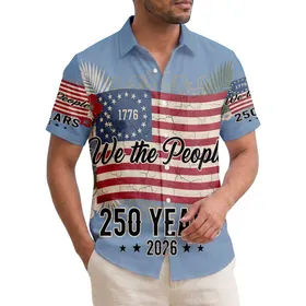 America 250th Anniversary: Distressed Flag 1776 'We The People' Hibiscus Palm Leaf 2026 Short-sleeve Hawaiian Shirt