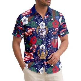 America 250th Patriotic Hawaiian Flag Eagle Hibiscus Print Short-sleeve Hawaiian Shirt