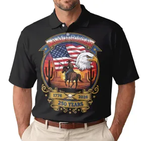 Cowboy Flag Eagle Desert Sunset 1776-2026 - USA 250th Anniversary Independence Day Men's Polo Shirt