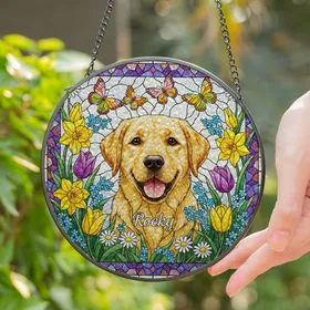 Golden Labrador Retriever Puppy Rocky Stained Glass Spring Flower Butterfly Art - Dog Lover Gift Stained Glass Suncatcher