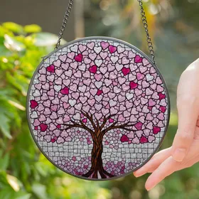 Stained Glass Tree with Heart Canopy - Tiffany Style Mosaic Jewel Tones Lavender Pink Stained Glass Suncatcher