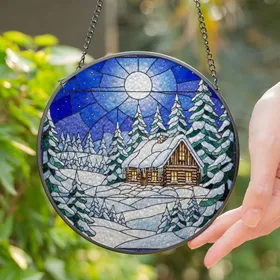 Rustic Log Cabin Snow Pine Trees Full Moon Winter Night Sky - Glowing Windows Holiday Decor Stained Glass Suncatcher