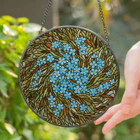 Blue Forget-Me-Not Flowers Tiffany Glass Stained Translucent Jewel Floral Art Stained Glass Suncatcher