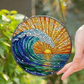 Powerful Ocean Wave Sunset Stained Glass - Deep Blue Green Purple Orange Sky Art Stained Glass Suncatcher