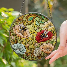 Fluffy Bumblebee Poppies Tiffany Stained Glass - Intricate Jewel Tone Home Decor Gift Stained Glass Suncatcher