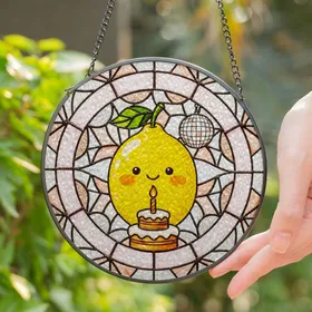 Stained Glass Lemon Birthday Cake Disco Ball - Tiffany Mosaic Birthday Celebration Gift Stained Glass Suncatcher