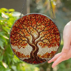 Ancient Tree Gnarled Trunk Autumn Foliage Stained Glass Mosaic - Tiffany Style Art Stained Glass Suncatcher
