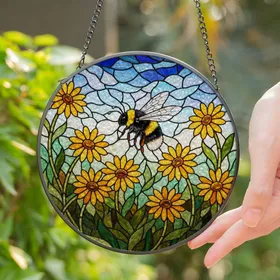 Bumblebee Daisy Flowers Mosaic Tiffany Stained Glass Cloudy Sky Foliage Jewel Tones Stained Glass Suncatcher