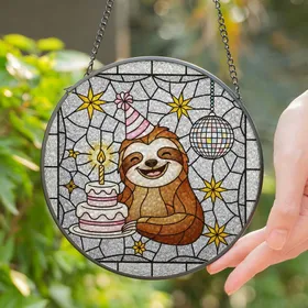 Cartoon Sloth Birthday Cake Disco Ball Stained Glass Party Hat - Celebration Present Stained Glass Suncatcher