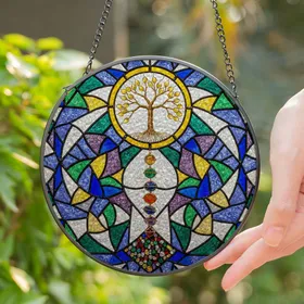 Golden Tree of Life Chakra Stones Gemstone Tiffany Stained Glass Luminous Jewel Tone Mosaic Stained Glass Suncatcher