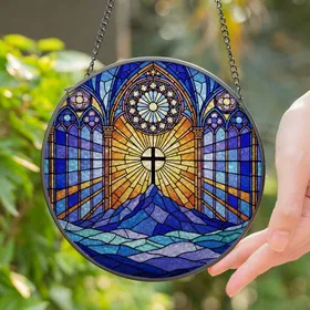 Religious Stained Glass Cross Mountain Sunburst Gothic Cathedral Rose Window Art Stained Glass Suncatcher