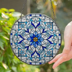 Intricate Tiffany Style Stained Glass Floral Mandala Medallion, Blue Scrollwork Mosaic Stained Glass Suncatcher