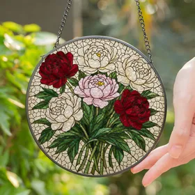 Stained Glass Peony Bouquet Tiffany Style - Seven Bloom Translucent Mosaic Floral Art Stained Glass Suncatcher