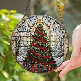 Grand Christmas Tree Stained Glass Window with Holiday Presents - Winter Decor Gift Stained Glass Suncatcher