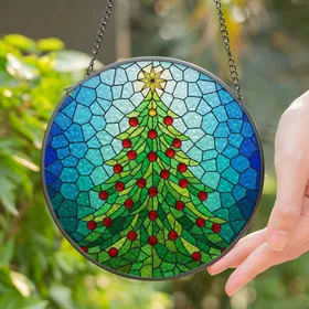 Tiffany Style Christmas Tree Stained Glass Mosaic - Holiday Window Decor Gift for Family Stained Glass Suncatcher