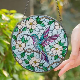 Iridescent Hummingbird Tiffany Glass Style Dogwood Flowers Teal Magenta Blue Sky Art Stained Glass Suncatcher