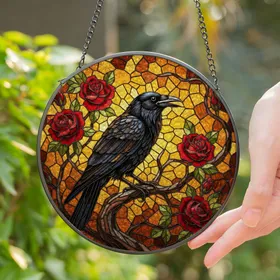 Black Crow Red Roses Gnarled Branch Stained Glass Jewel Tones Radiant Sky Mosaic Stained Glass Suncatcher