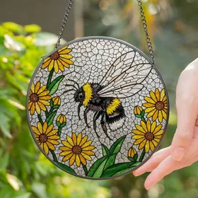 Fuzzy Bumblebee Daisy Flowers Tiffany Stained Glass Mosaic - Glowing Window Stained Glass Suncatcher
