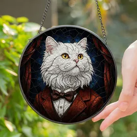 Majestic Fluffy White Persian Cat in Formal Jacket Stained Glass Tiffany Art Mosaic Stained Glass Suncatcher