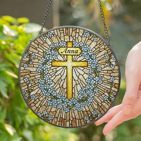 Radiant Golden Cross Anna Forget-Me-Not Floral Vines - Tiffany Stained Glass Art Gift Stained Glass Suncatcher