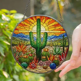 Vibrant Saguaro Cactus Desert Sunset Mosaic Cacti Succulents Stained Glass Design Stained Glass Suncatcher