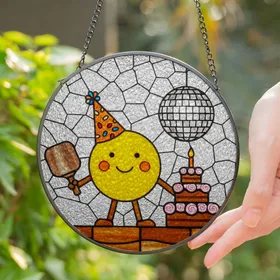 Yellow Character Party Hat Disco Ball Birthday Cake Paddle - Celebration Day Gift Stained Glass Suncatcher