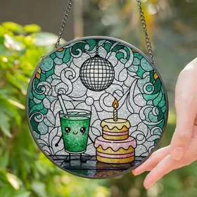 Kawaii Happy Face Drink Birthday Cake Disco Ball Stained Glass - Party Celebration Gift Stained Glass Suncatcher