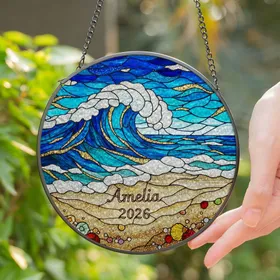 Amelia 2026 Stained Glass Blue Turquoise Ocean Waves Seashell Beach Keepsake Stained Glass Suncatcher