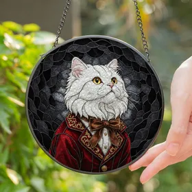 Tiffany Style Persian Cat Stained Glass - Fluffy White Cat Red Jacket Mosaic Art Stained Glass Suncatcher