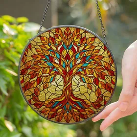 Stained Glass Tree of Life Autumn Leaves Golden Mosaic Tiffany Style Jewel Tones Stained Glass Suncatcher