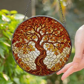 Gnarled Ancient Tree Autumn Leaves Stained Glass Tiffany Art - Glowing Mosaic Pattern Decor Stained Glass Suncatcher