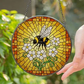 Intricate Bumblebee Flowers Stained Glass Mosaic - Tiffany Style Jewel Tone Art Decor Stained Glass Suncatcher