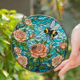 Fluffy Bumblebee Pollinating Rosebuds Stained Glass Aqua Teal Sky Mosaic Bee Lover Gift Stained Glass Suncatcher