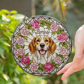 Happy Beagle Dog Stained Glass Mosaic Art - Borns Name & Pink Peonies Floral Wreath Stained Glass Suncatcher
