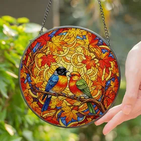 Stained Glass Songbirds Autumn Maple Leaves - Tiffany Style Mosaic Sky Window Decor Gift Stained Glass Suncatcher