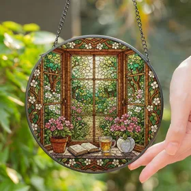 Stained Glass Window Garden View Sunlit Flora Potted Plants Tea Book Home Decor Gift Stained Glass Suncatcher
