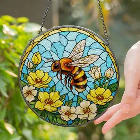 Fuzzy Honeybee Blooming Flowers Tiffany Stained Glass Mosaic Sky - Nature Art Gift Stained Glass Suncatcher
