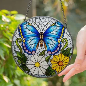 Blue Butterfly Stained Glass Tiffany Style Intricate Mosaic Floral Art Glowing Jewel Tones Stained Glass Suncatcher