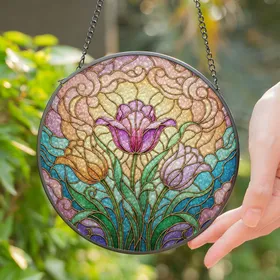 Tiffany Style Tulips Stained Glass Golden Solder & Ethereal Mosaic Clouds Stained Glass Suncatcher