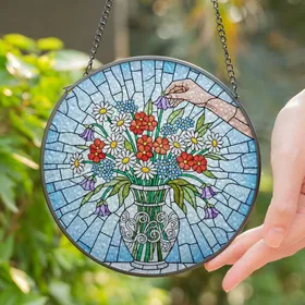 Tiffany Style Stained Glass Floral Bouquet Vase Art - Hand Adjusting Blossom Jewel Tones Stained Glass Suncatcher